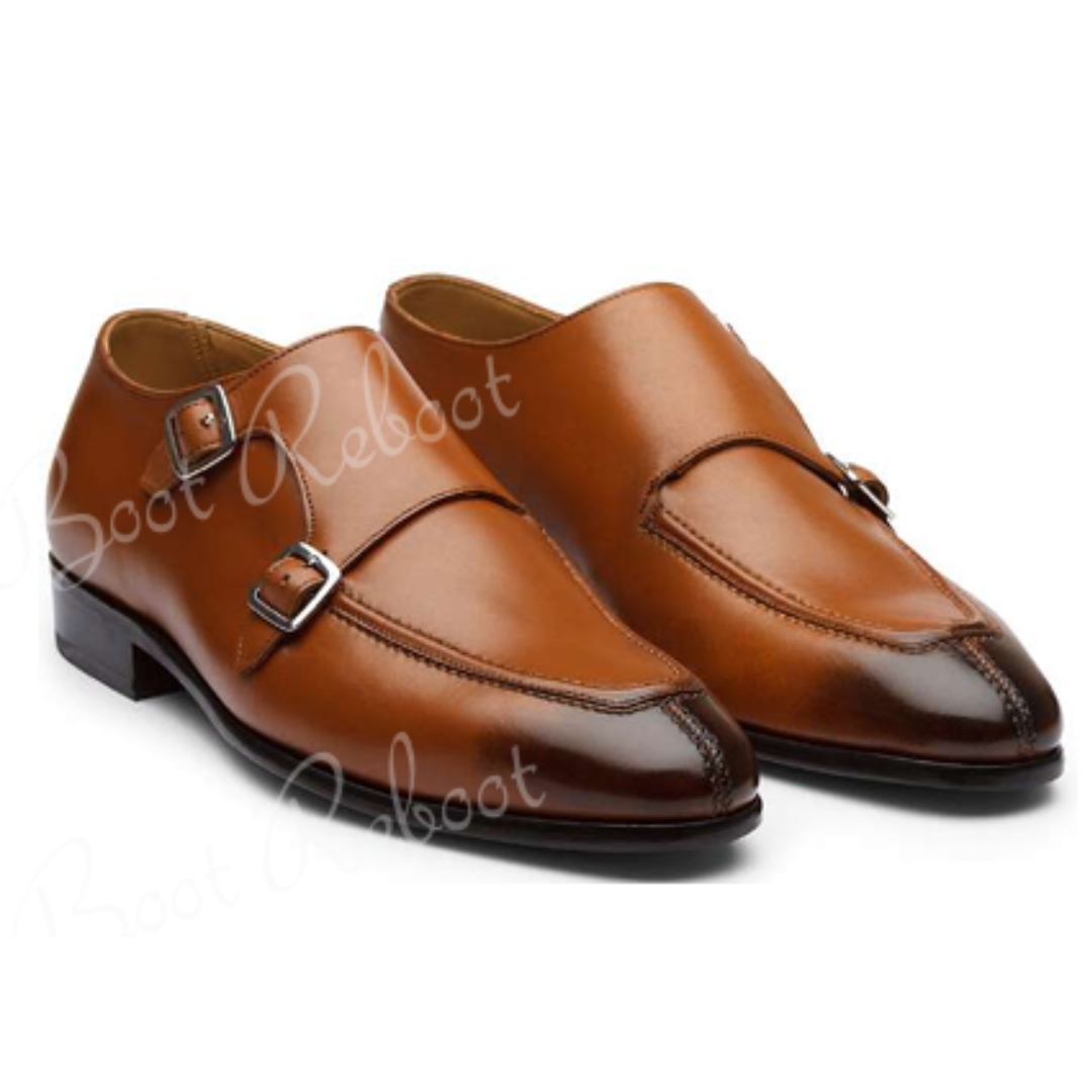 Leather Apron Toe Monk Straps Shoes